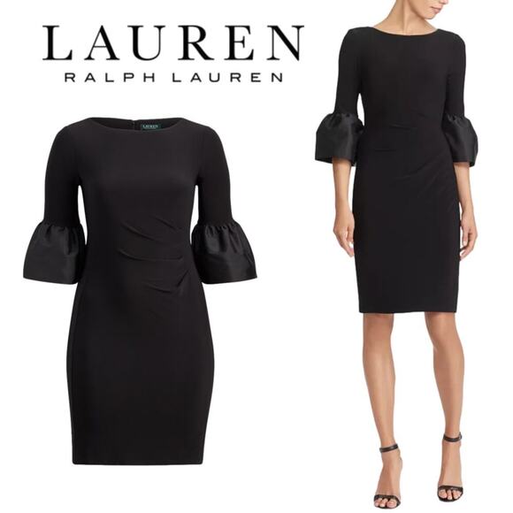 Lauren Ralph Lauren Black Bell Sleeve Cocktail Sheath Dress Large - Picture 3 of 12